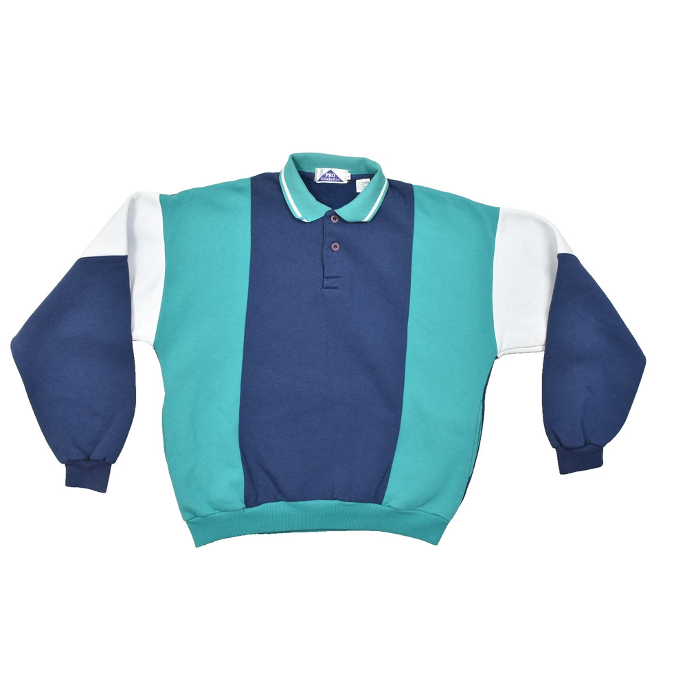 Pro Celebrity Men's XL Vintage Colorblock Polo Collar Fleece Sweatshirt Navy Tea